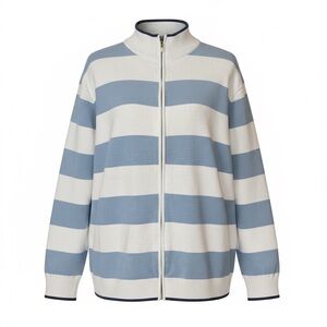 Club Room Sweater Mens XL Blue White Striped Full Zip Collared Knit Coastal